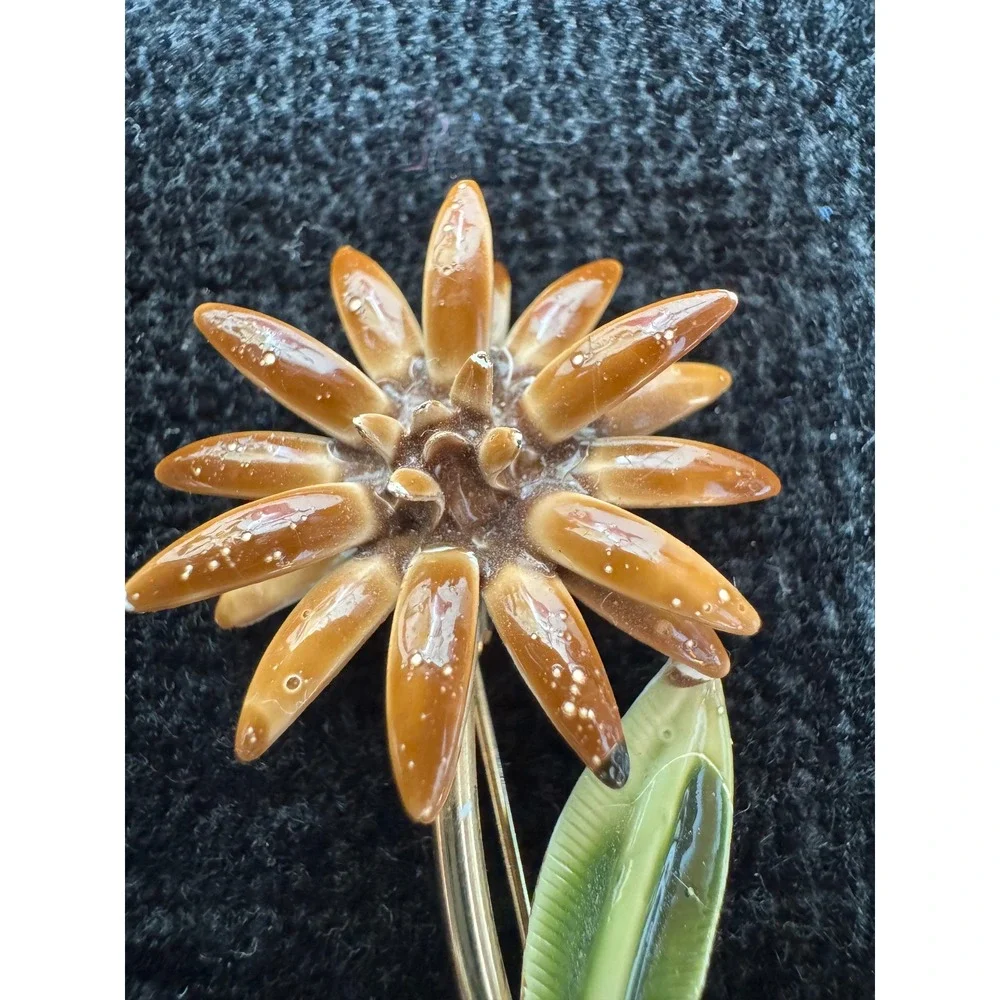 Vintage Enamel Flower Brooch Brown Green Gold Tone Mid Century Floral Pin 2.25